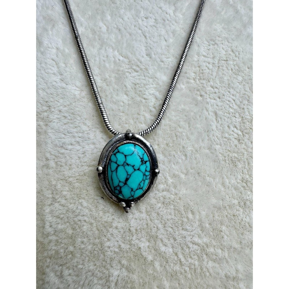 Vintage‎ Southwestern Turquoise Sterling Silver 925 Upcycled Pendant & 18" Chain